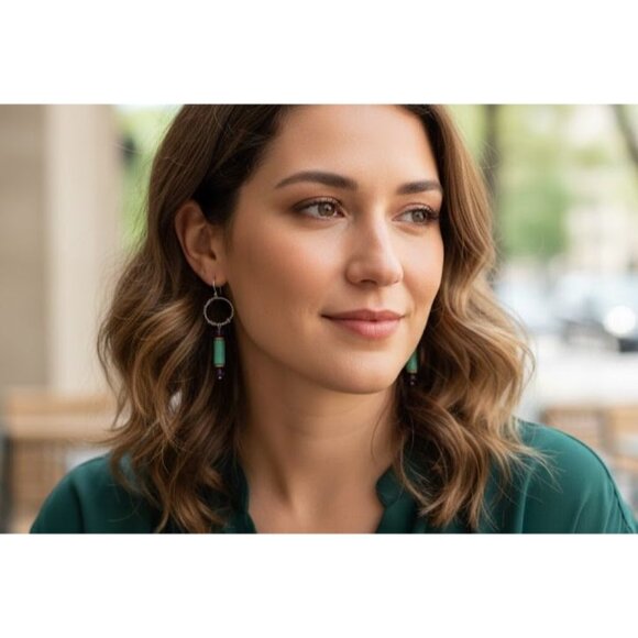 Turquoise Amethyst Dangle Hoop Earrings Handcrafted Boho Gemstone Jewelry - Picture 1 of 4